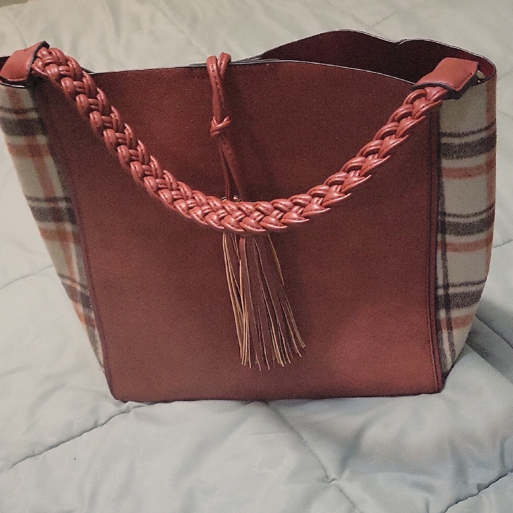 Rust Tote Bag With Plaid Sides Women's